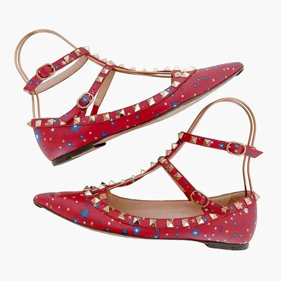 Valentino Garavani Rockstud Caged Flats EU 37.5 US 7.5 Red Stars Studded Ballet - Picture 7 of 13